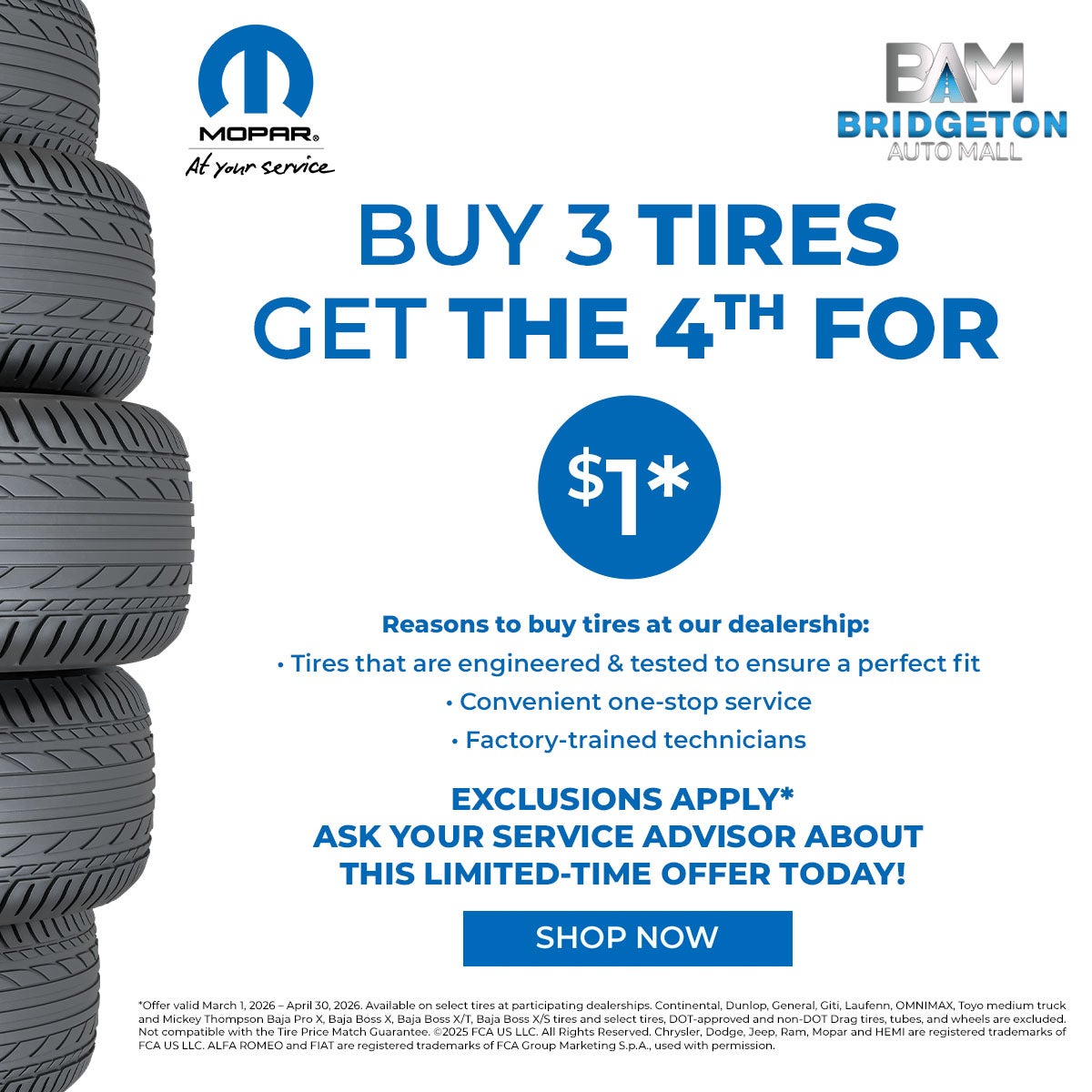 Buy 3 Tires Get the 4th for $1
